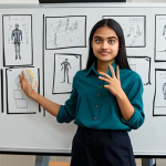 **

A determined film student presenting their storyboard for a scene. They are standing next to a whiteboard covered in sketches and notes, wearing professional, modest attire. The room is a brightly lit classroom setting with cameras and lighting equipment visible in the background. Focus on their confident expression and the detailed storyboard. Perfect anatomy, correct proportions, natural pose, well-formed hands, proper finger count, natural body proportions. Safe for work, appropriate content, fully clothed, professional, family-friendly.

**
