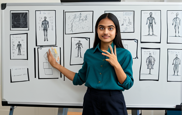 **

A determined film student presenting their storyboard for a scene. They are standing next to a whiteboard covered in sketches and notes, wearing professional, modest attire. The room is a brightly lit classroom setting with cameras and lighting equipment visible in the background. Focus on their confident expression and the detailed storyboard. Perfect anatomy, correct proportions, natural pose, well-formed hands, proper finger count, natural body proportions. Safe for work, appropriate content, fully clothed, professional, family-friendly.

**