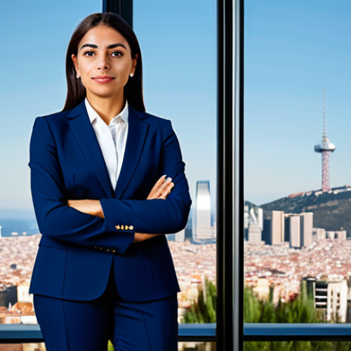 Home 19 Corporate Success**
"A professional Latina businesswoman in a modest dark blue business suit, standing confidently in a modern Barcelona office overlooking the city skyline, fully clothed, appropriate attire, safe for work, perfect anatomy, correct proportions, professional corporate photography, high quality, family-friendly."
**