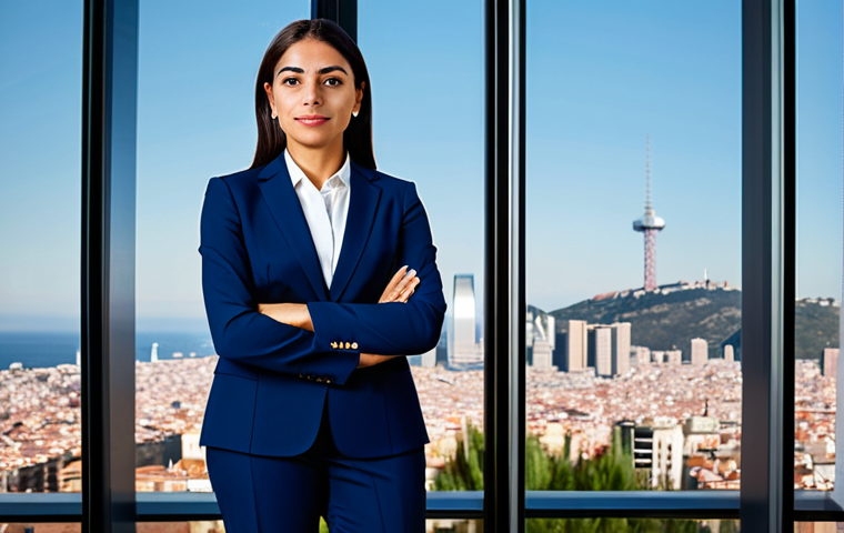 Corporate Success**

"A professional Latina businesswoman in a modest dark blue business suit, standing confidently in a modern Barcelona office overlooking the city skyline, fully clothed, appropriate attire, safe for work, perfect anatomy, correct proportions, professional corporate photography, high quality, family-friendly."

**