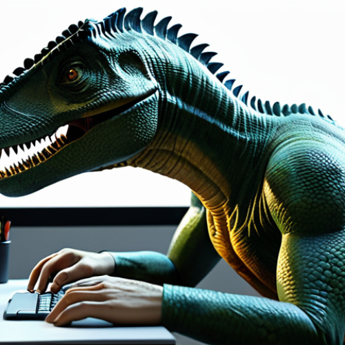 Home 12 **
A 3D modeler working diligently at their computer, creating a digital dinosaur like from "Jurassic Park". The workspace is a modern, organized studio. They are fully clothed in casual but professional attire. Safe for work. Perfect anatomy of the digital dinosaur. High quality render, appropriate content.
**
