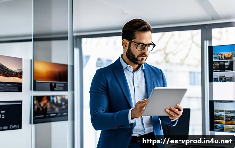 영상제작 직업군별 평균 연봉 - A professional Spanish audiovisual director in a modern office environment in Madrid, dressed in sma...