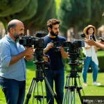 영상제작과 사진 촬영의 차이점 - A professional video production scene showing a diverse crew actively filming an outdoor interview i...