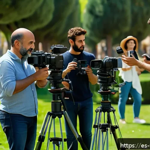 영상제작과 사진 촬영의 차이점 - A professional video production scene showing a diverse crew actively filming an outdoor interview i...