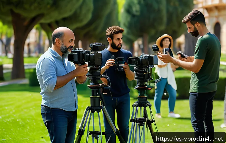 영상제작과 사진 촬영의 차이점 - A professional video production scene showing a diverse crew actively filming an outdoor interview i...