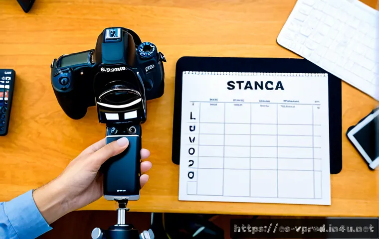 Home 17 영상제작 실기 과제 준비 체크리스트 - Photorealistic overhead view of a neatly organized video production practical assignment preparation...