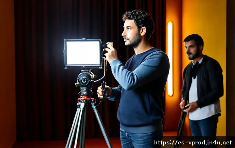 촬영 감독으로서의 커리어 쌓기 - Photorealistic cinematic scene of an aspiring cinematographer on a professional film set in Madrid, ...